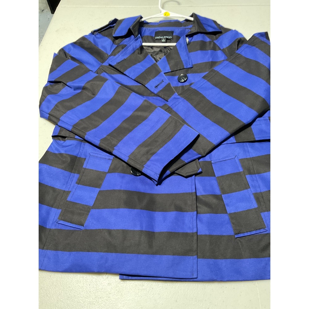 Cynthia Rowley Blue Black Stripe Trench Coat Women's Size L Double Breasted